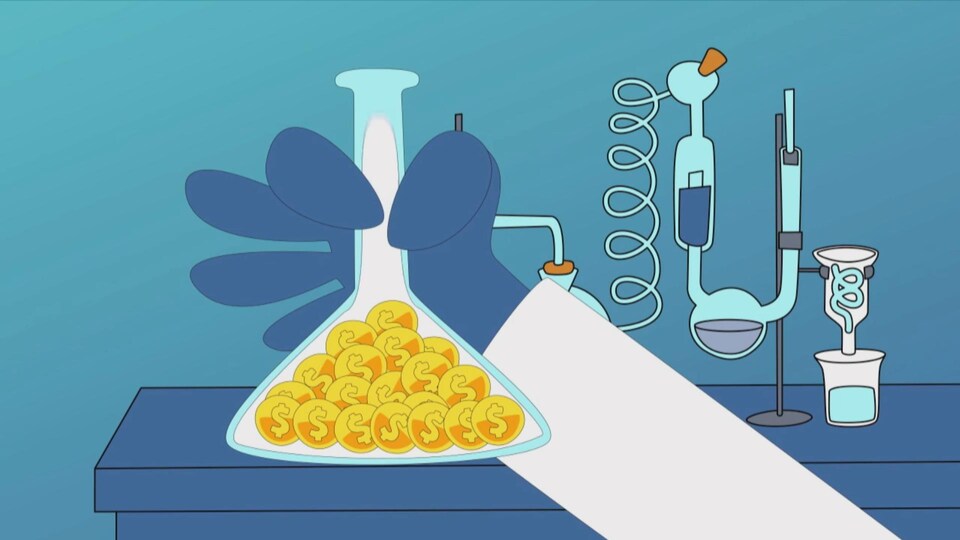 Une animation montre une main tenant du matériel de laboratoire plein d'argent. 