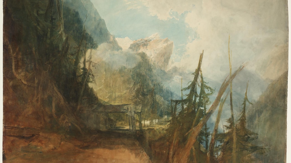 La peinture montre notamment des arbres et des montages. 