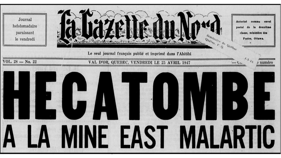 Une vieille coupure de journal montre la Une de la Gazette du Nord, intitulée Hécatombe à la mine East Malartic.