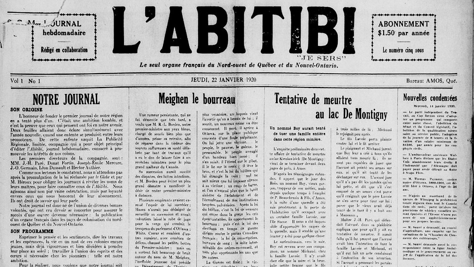 Une numérisation d'une première page de journal nommé L'Abitibi.