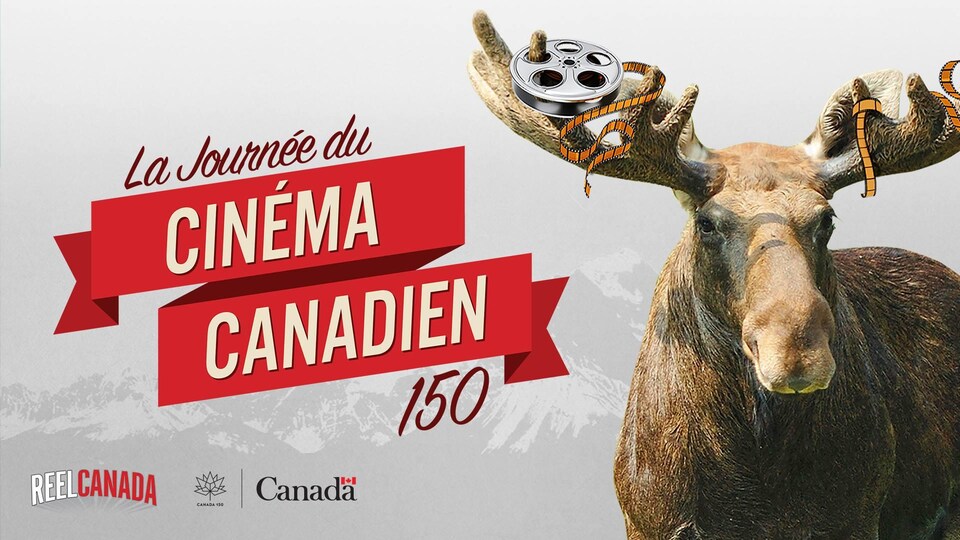 Affiche de l'événement avec un orignal et des bobines de films.