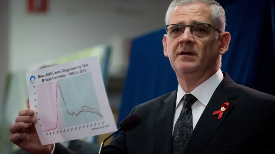 Le Dr Julio Montaner, photographié en 2014 tenant un tableau montrant le déclin des nouveaux cas de sida en Colombie-Britannique de 1983 à 2013.