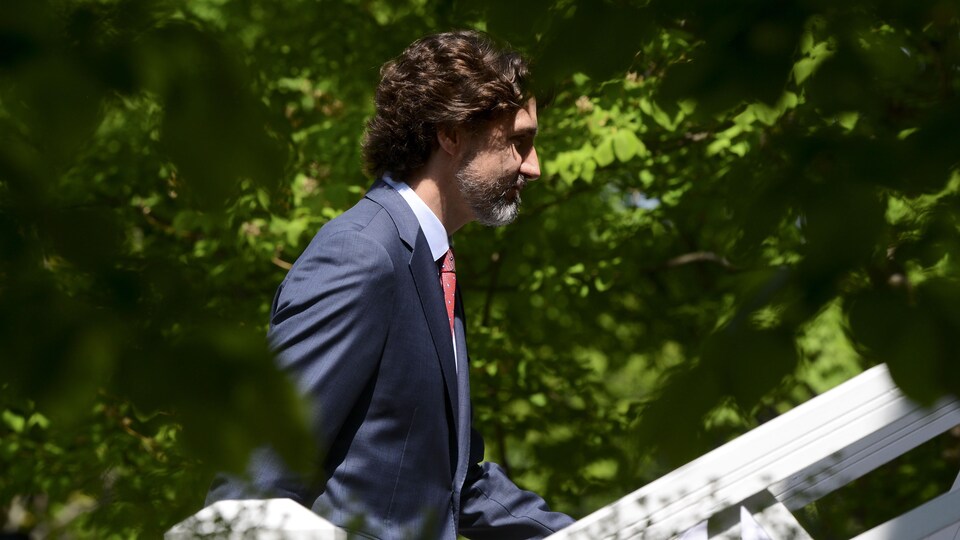 Le premier ministre Justin Trudeau vu à travers des arbres.