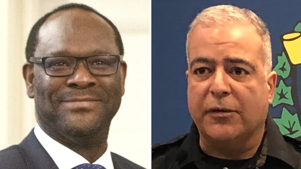 Le ministre de la Justice de l'Alberta, Kaycee Madu, à gauche et le chef de la police de Lethbridge, Shahin Mehdizadeh, à droite.