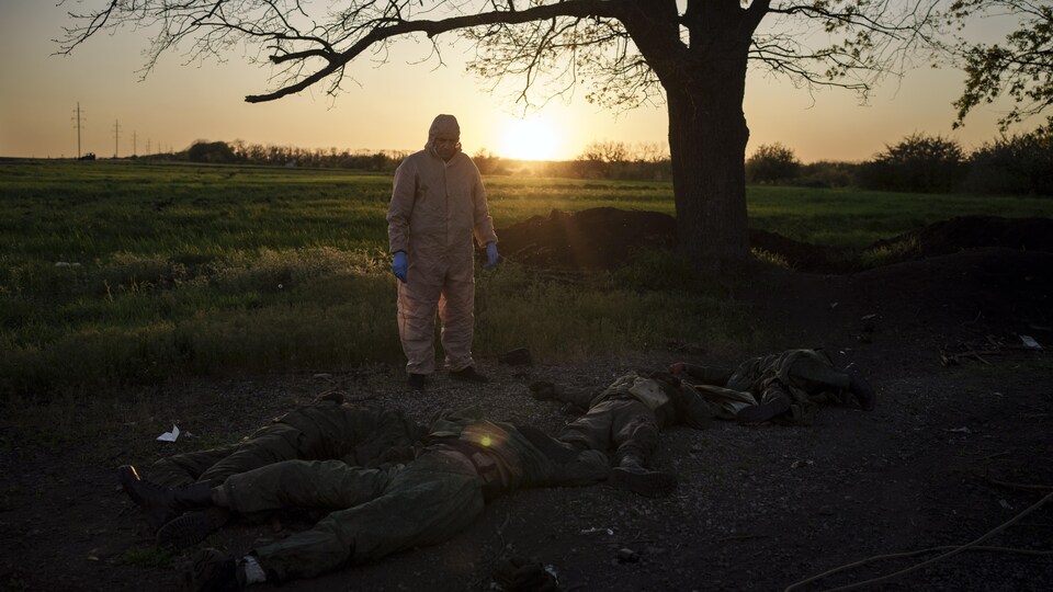 A man wearing a jumpsuit was standing in a field near dead Russian soldiers lying on the ground. 