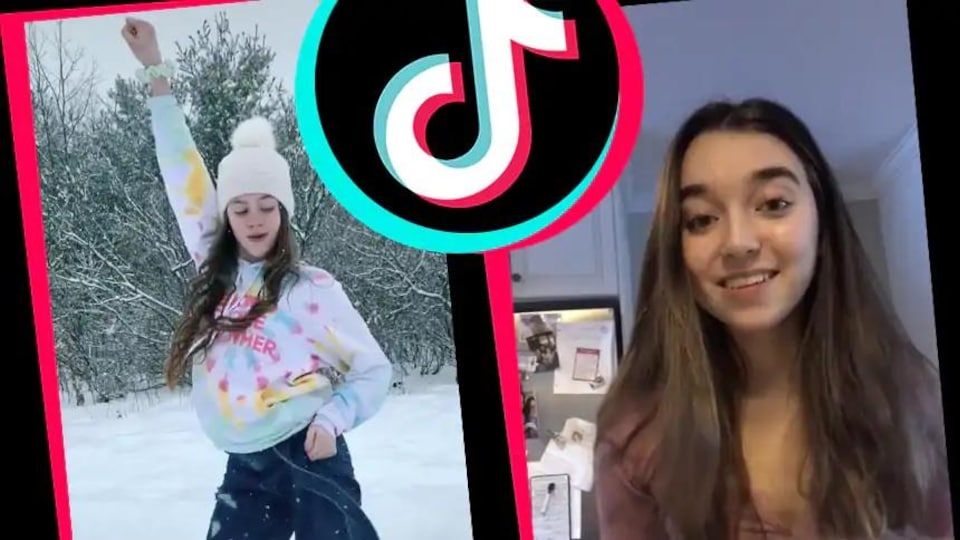 Image divisée en deux montrant une jeune femme faisant un mouvement de danse dans la neige à gauche, et le visage d’une adolescente aux cheveux longs à droite.