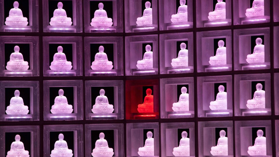 Des statuettes en verre de Bouddha installées dans des présentoirs carrés à plusieurs niveaux. 