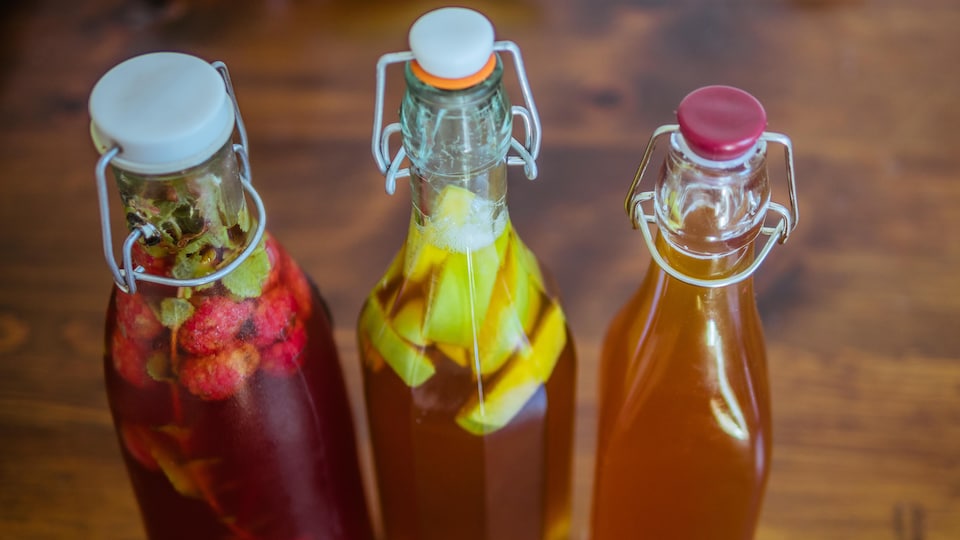 Trois bouteilles de kombucha maison