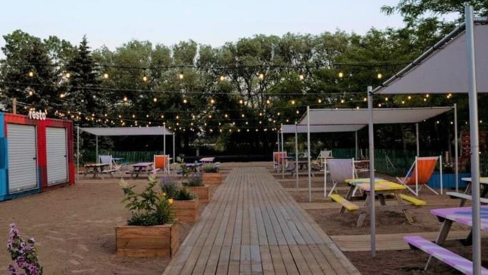 Abris avec tables de pique-nique, plantes et lumières décoratives