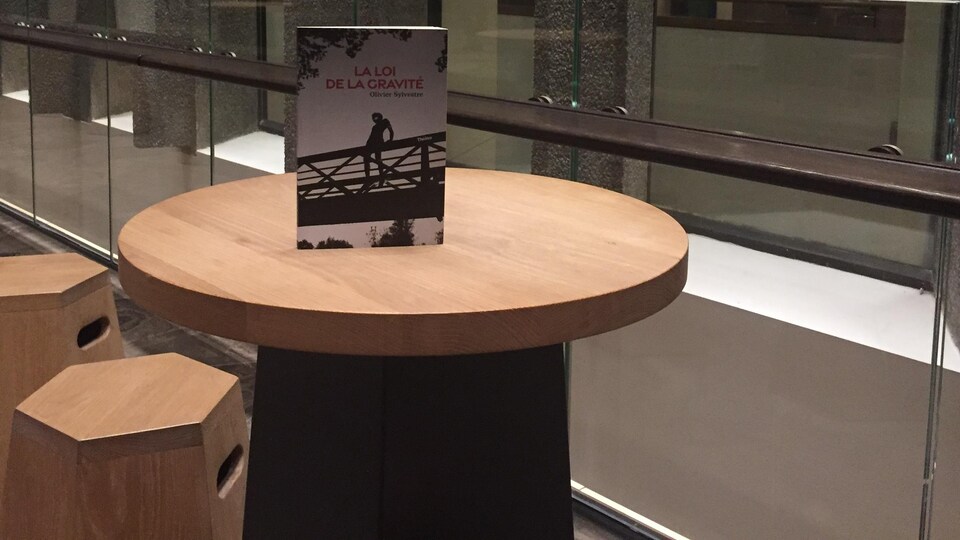 Le livre est posé sur une table à la surface de bois clair, dans un espace vitré, avec un sol en béton. Sur la couverture, on voit la silhouette d'une personne se retenant à une rampe, sur un pont.