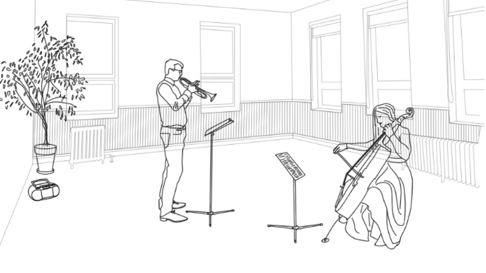 Deux musiciens dessinés dans une salle. 