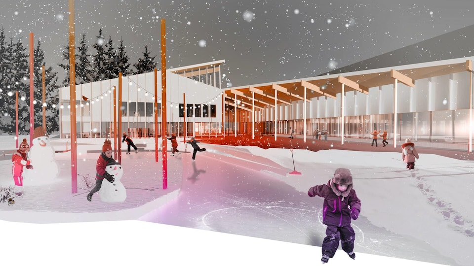 Un dessin d'architecte de l'extérieur du Lab-École. Des enfants patinent et font des bonhommes de neige.