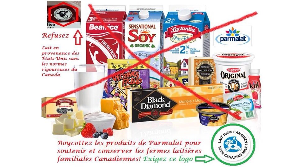 Nous voyons plusieurs produits de la gamme Parmalat avec un gros « X » rouge. « Boycottez les produits de Parmalat », est-il écrit, entre autres.