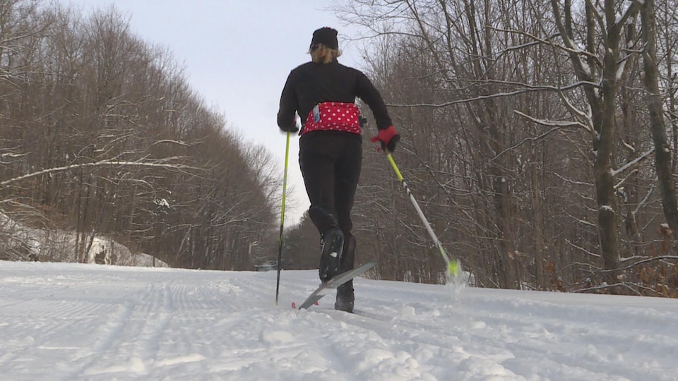 Une femme, de dos, qui fait du ski de fond.