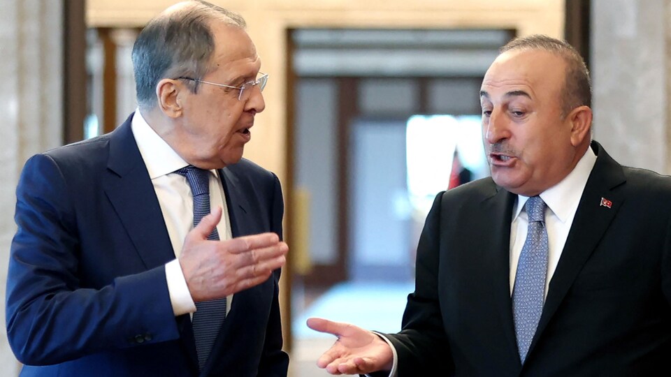 MM. Lavrov et Cavusoglu discutent en marchant.