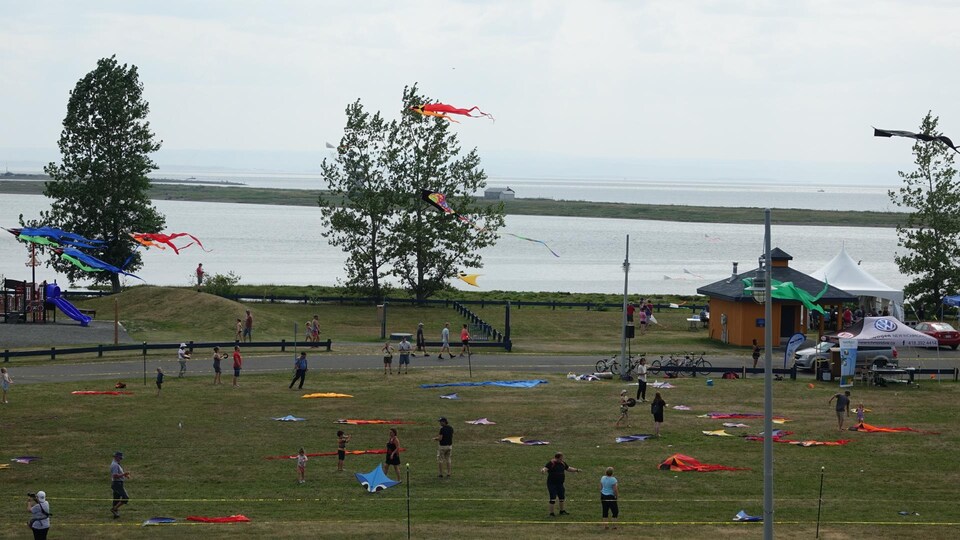 Vue sur le parc Germain-Deslauriers, au-dessus duquel de nombreux cerfs-volants flottent.