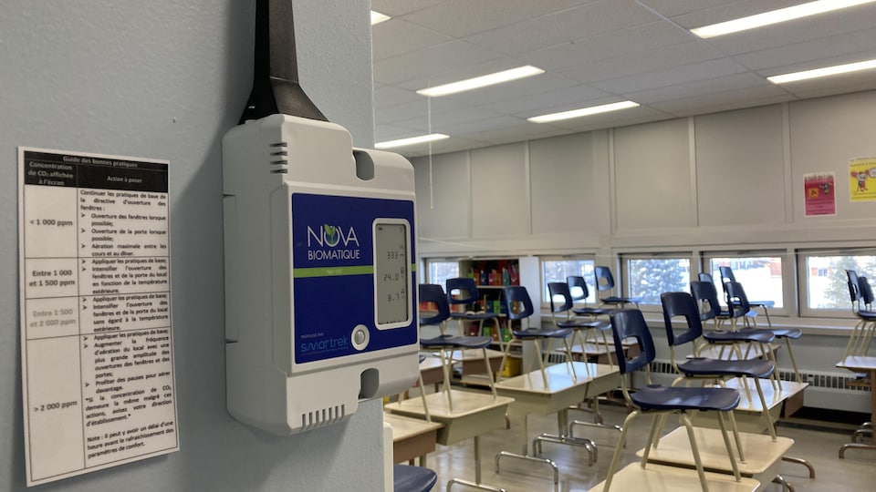 Un lecteur sur un mur dans une salle de classe vide.