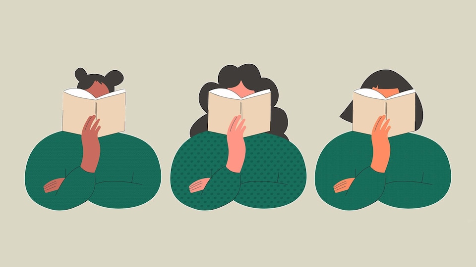 Illustration montrant trois personnes plongées dans un livre.