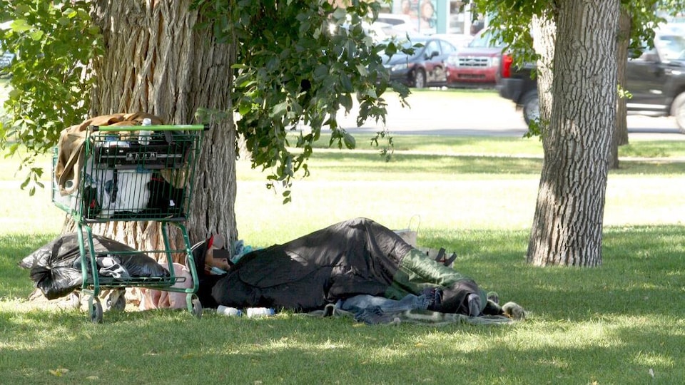 Un itinérant est allongé dans un parc. 