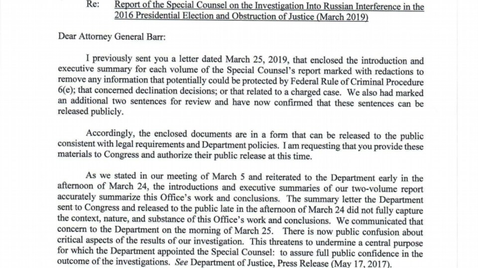 Une portion de la lettre du 27 mars envoyée à William Barr par Robert Mueller.