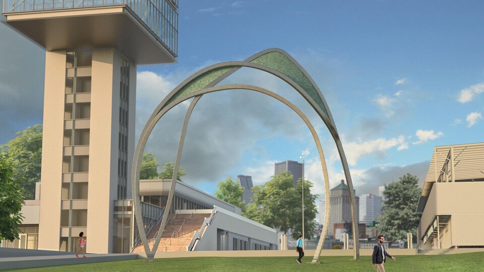 Dessin représentant la sculpture dans l'environnement qu'elle occupera.