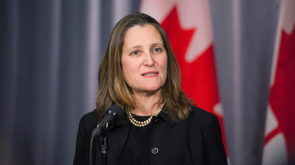 Chrystia Freeland parle dans un micro en conférence de presse. Un drapeau canadien est déployé derrière elle.