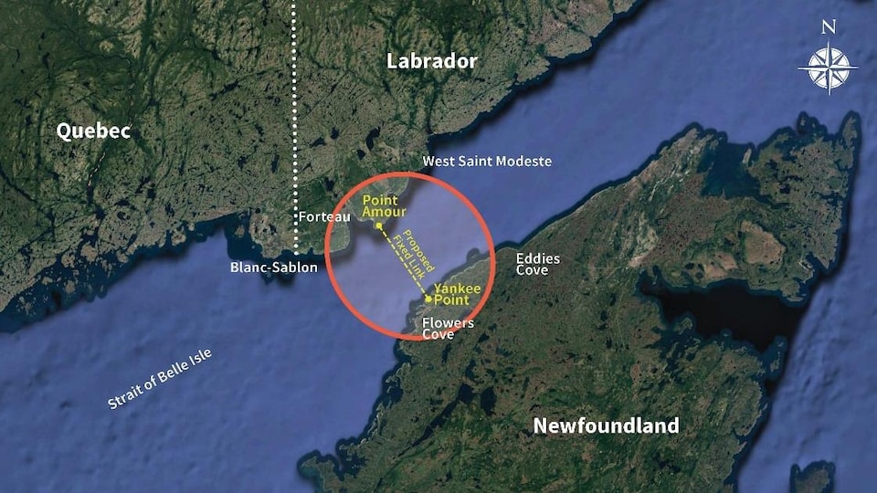 Une carte montrant une possible liaison entre Terre-Neuve et le Labrador.