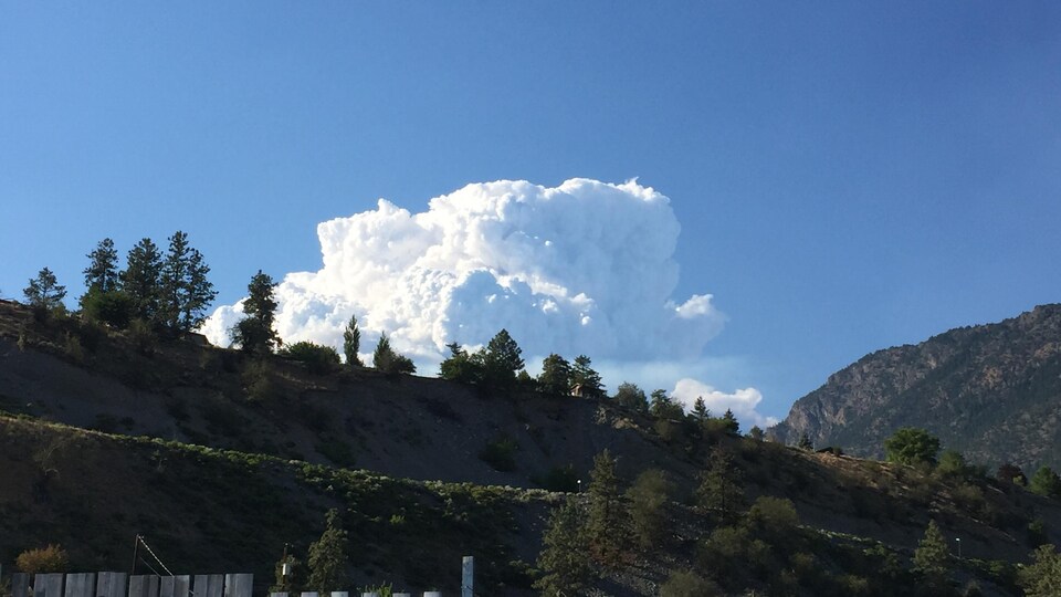 De la fumée au-dessus d'une colline, vue depuis la cour arrière d'une maison.