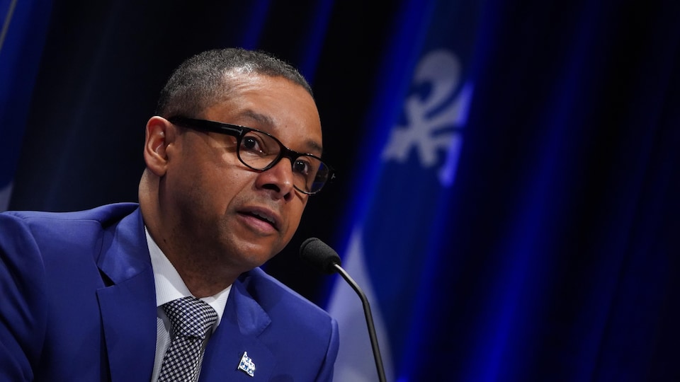 Lionel Carmant devant un drapeau du Québec, en conférence de presse