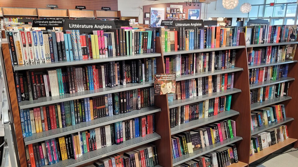 étageres de livres anglophones dans une librairie.