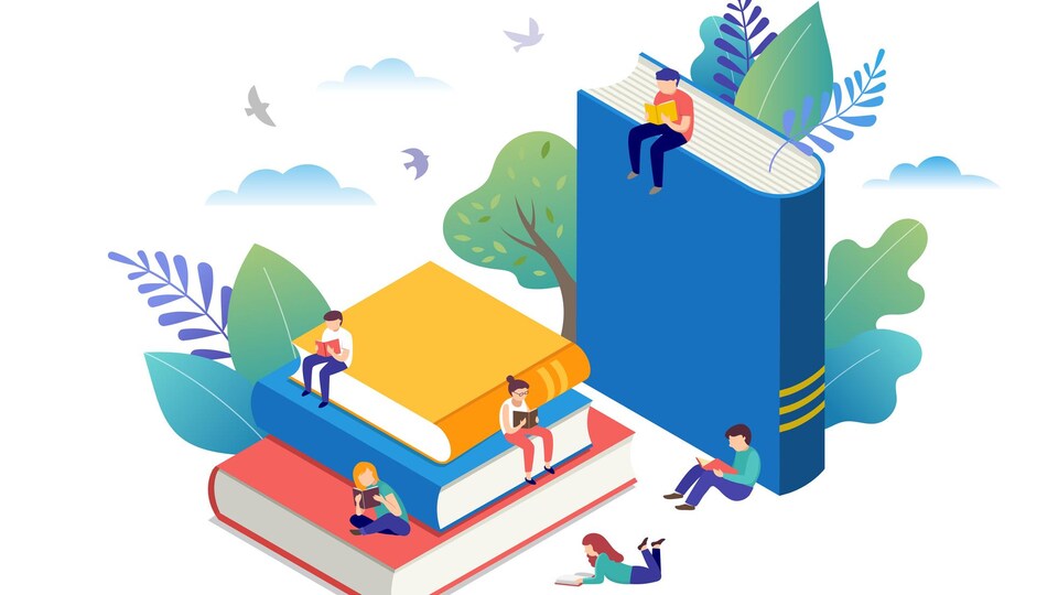 Des personnes petites lisent des livres en étant assises sur des livres géants.