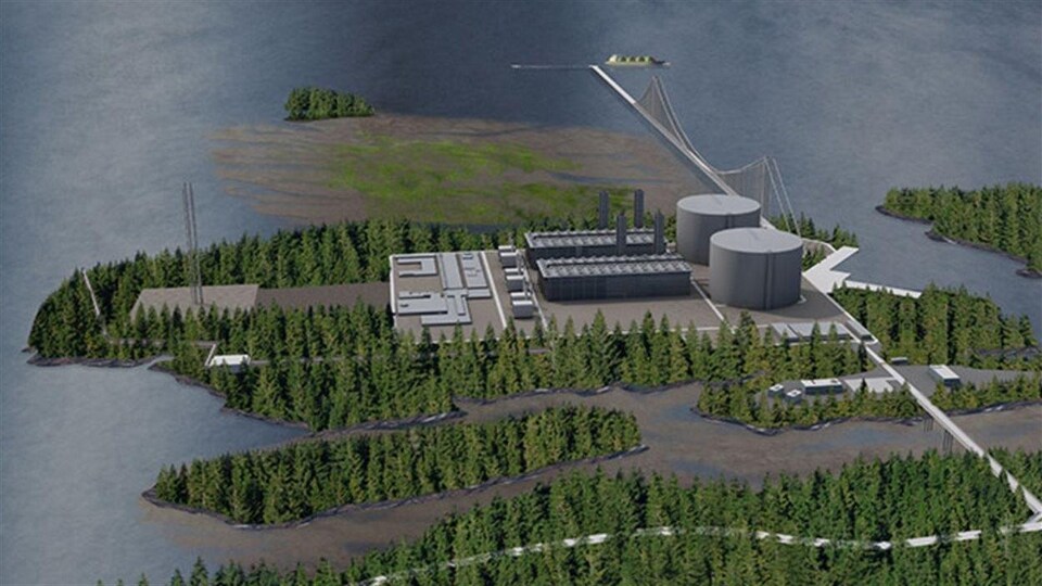 Simulation du projet de terminal de la compagnie Pacific NorthWest LNG près de Prince Rupert en Colombie-Britannique.