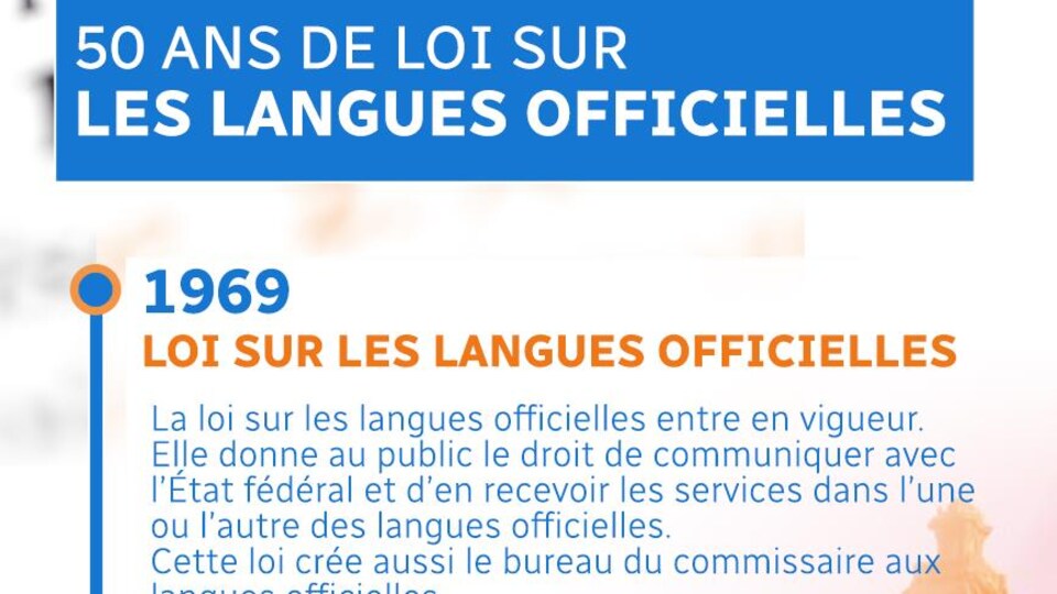 Ligne du temps de la Loi sur les langues officielles :
1969 - Loi sur les langues officielles
1988 - Nouvelle loi sur les langues officielles
2005 - Loi modifiant la loi sur les langues officielles
11 mars 2019 - Lancement de l’examen en vue de moderniser la Loi sur les langues officielles
