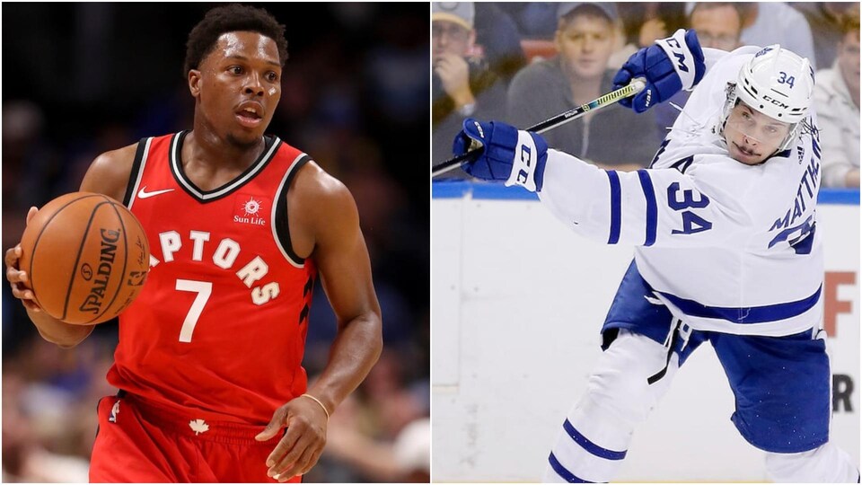 Un joueur de basketball à gauche et un joueur de hockey à droite.