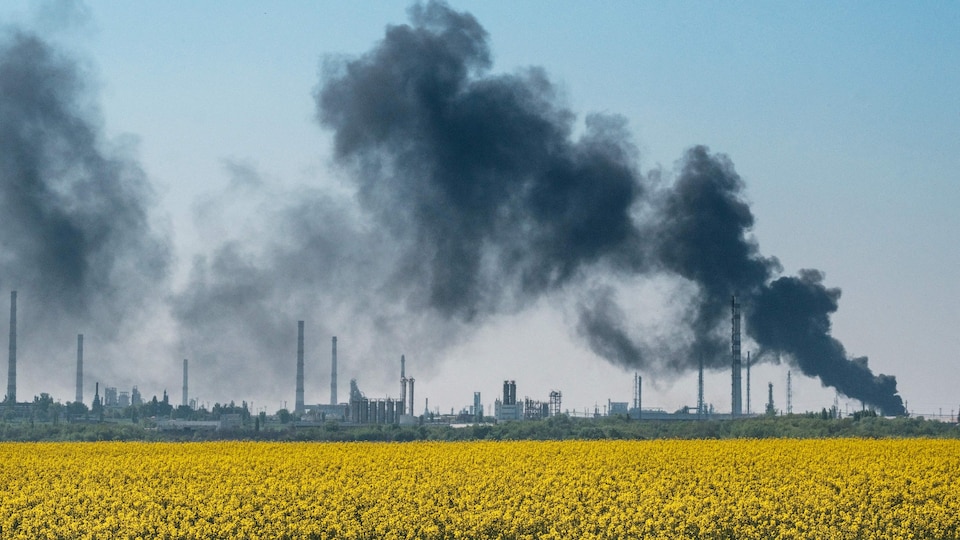 Smoke forms from an industrial area, near a farm.