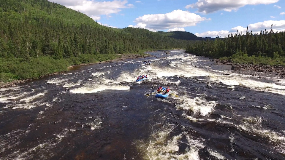 Aerial view of two boats going down the river.