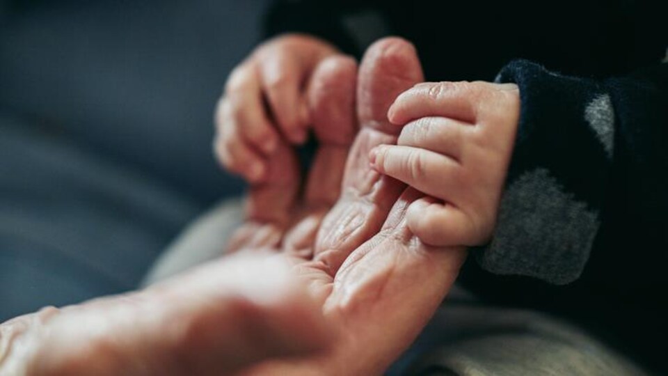 Des mains d'une personne âgée et d'un enfant