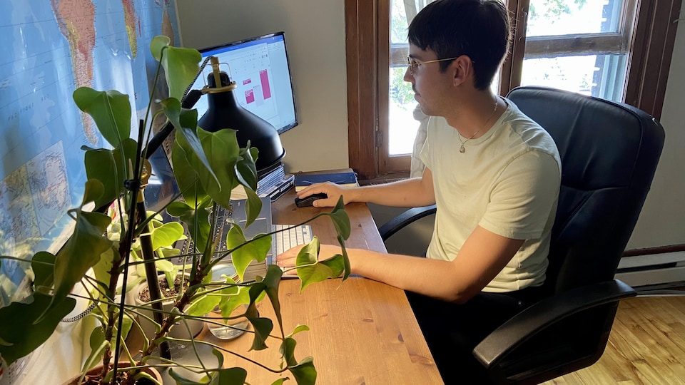 Un homme est assis devant son ordinateur à la maison. Il y a une plante à l'avant-plan.