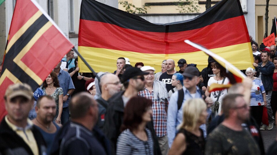 Des manifestants brandissent des drapeaux dans la rue.
