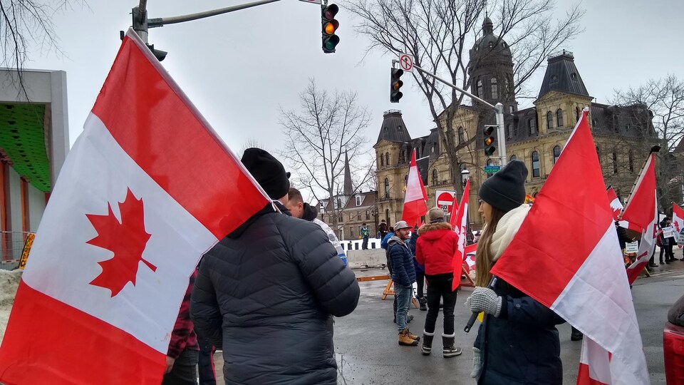 Des manifestants portent des drapeaux du Canada devant l'Assemblée législative du Nouveau-Brunswick, à Fredericton.