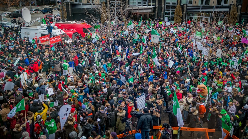 La vue en hauteur d'une foule de manifestants tenant des drapeaux vert et blanc.