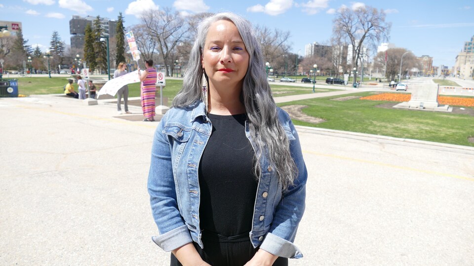 Nahanni Fontaine at the abortion rights protest on May 8, 2022 in Winnipeg.