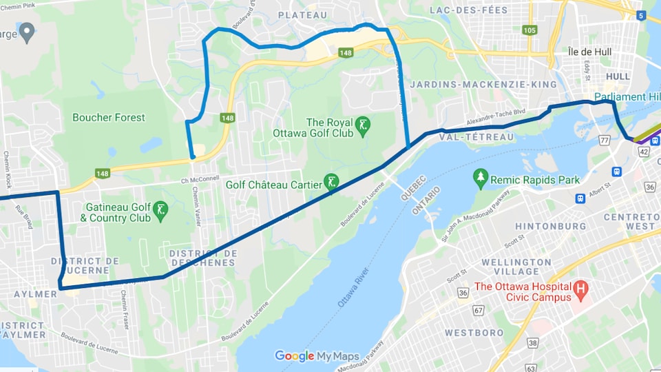 Une map indiquant le tracé privilégié pour le projet de tramway reliant l'ouest de la ville de Gatineau au centre-ville d'Ottawa. 