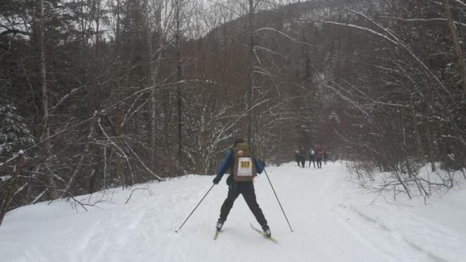 Un participant du Marathon canadien de ski dans la forêt.