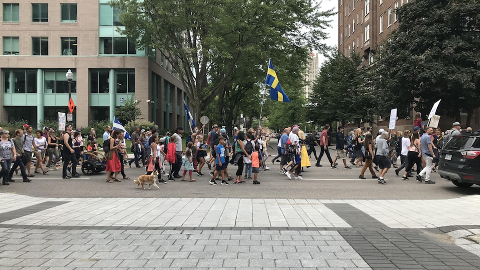 Des gens marchent dans la rue avec des drapeaux dans les airs et des affiches