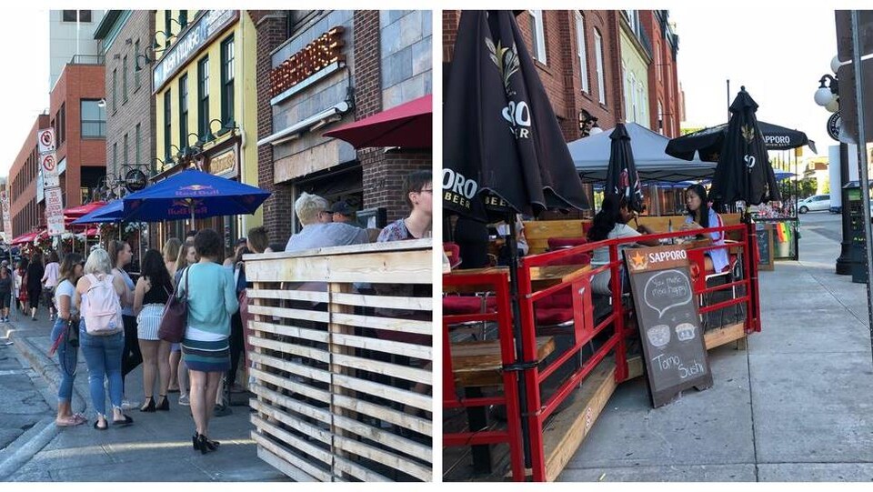 Deux images côte-à-côté de terrasses dans le marché By d'Ottawa.