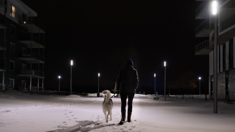 Un homme et son chien marchent à la noirceur.