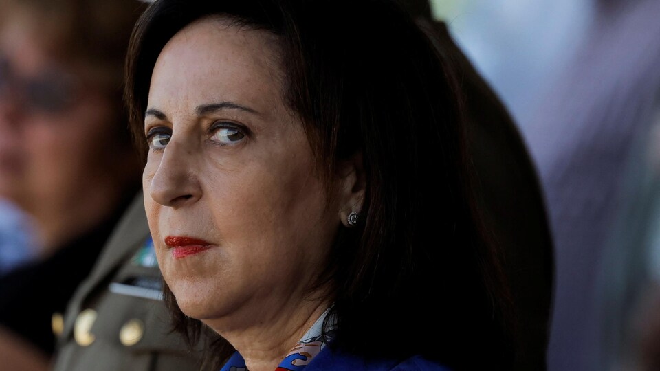 Close-up of the serious face of Margarita Robles, Minister of Defense of Spain.