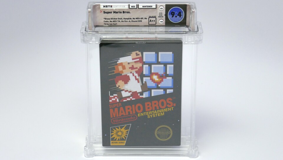Coffret du jeu Nintendo Super Mario Bros avec l'autocollant original et le grade A++.