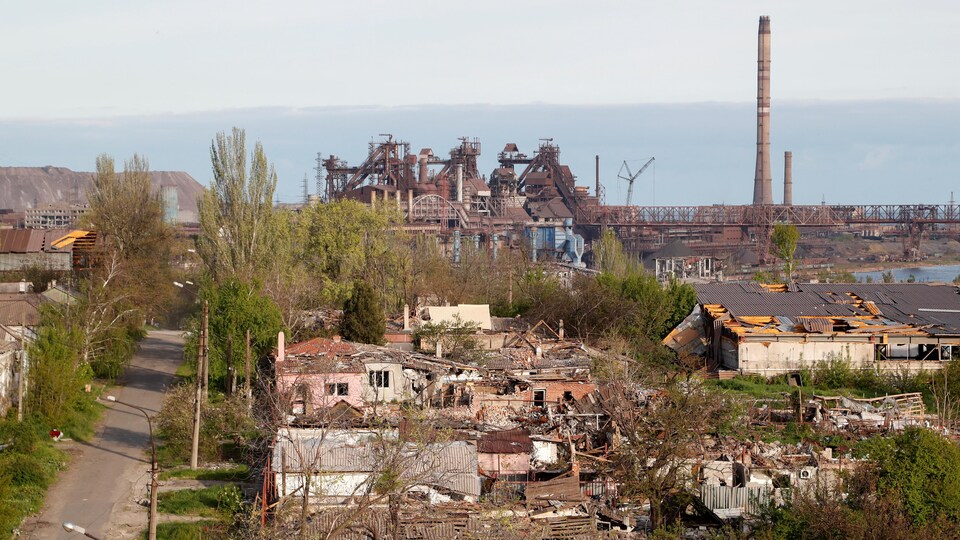 An aerial view of the damaged houses around the factory. 